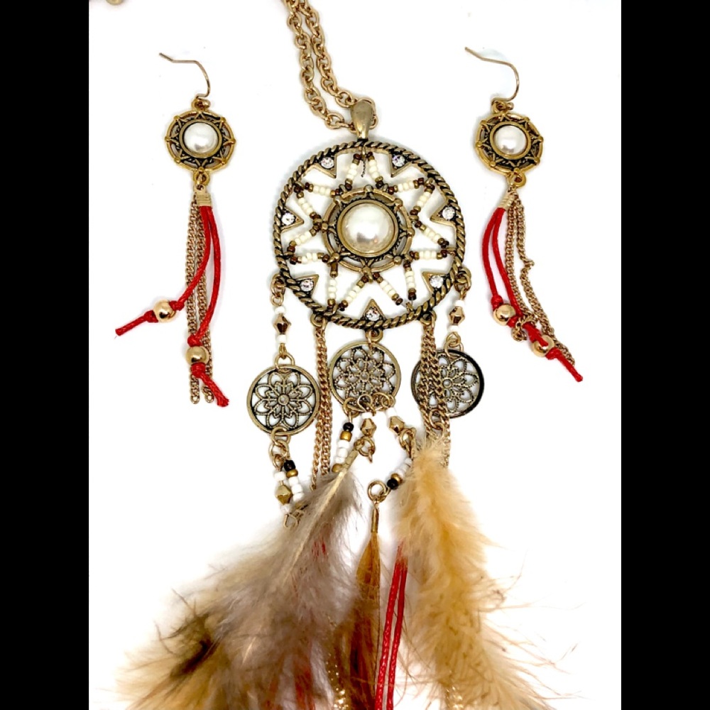 Sunburst Medallion Dream Catcher w/ Brown Feathers Red Cords Necklace + Earrings